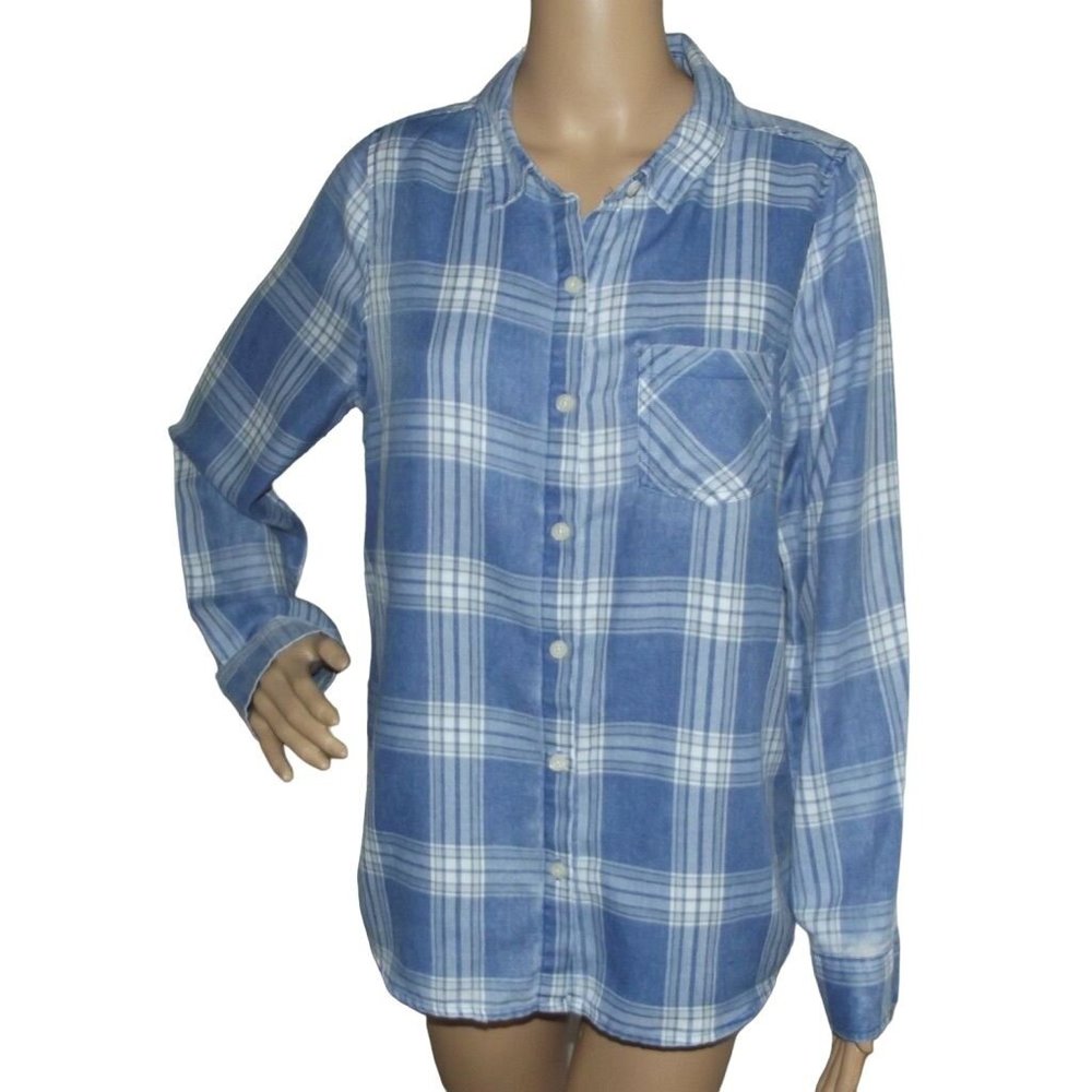 Spirit Plaid Shirt Size Small blue white long sleeve cotton polyester